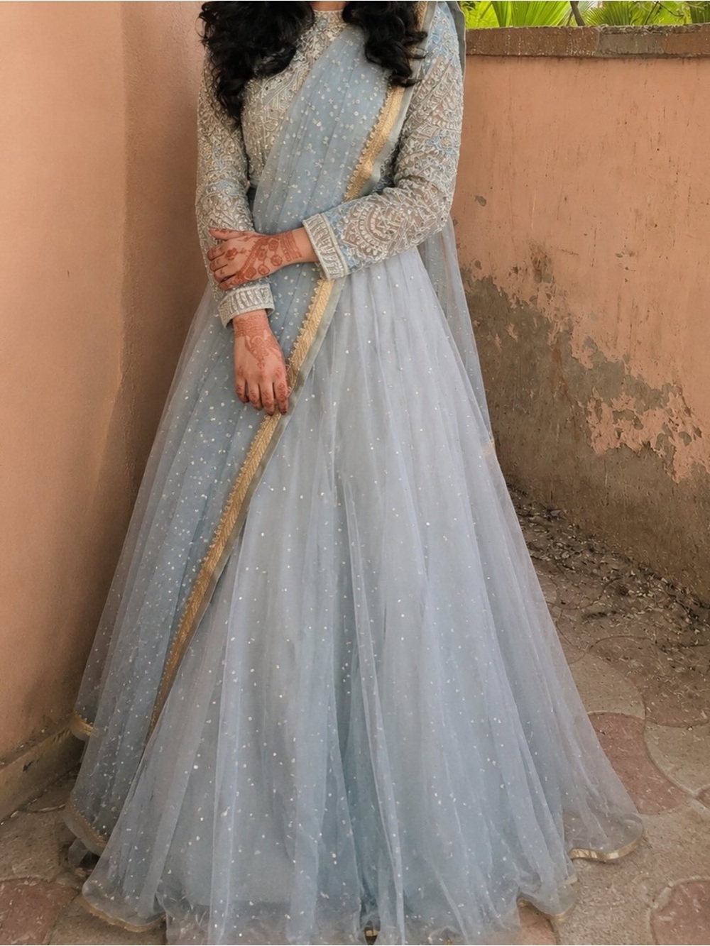 Elegant Light Blue Embellished Women's Dress with Gold Trim